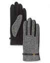 Lauren Ralph Lauren's leather-belted gloves are rendered in a gray tweed for classic style.