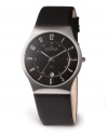 A distinguished, modern style from the fine jewelry maker Skagen Denmark. This men's watch features a wide black leather strap and silvertone stainless steel round case. Black round dial with subdial, date window, logo and numerical indices. Quartz movement. Water resistant to 30 meters. Ten-year limited warranty.