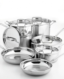 A shining example of kitchen competence, this set includes everything you need for great cooking. The special multiclad construction bonds brilliantly polished stainless steel to a core of pure aluminum for the fastest, most even heat distribution. Professional stainless covers with drip-free rims seal in flavors and nutrients, while the generously sized cool-grip handles provide handling safety. Limited lifetime warranty. A shining example of kitchen competence, this set includes everything you need for great cooking. The special multiclad construction bonds brilliantly polished stainless steel to a core of pure aluminum for the fastest, most even heat distribution. Professional stainless covers with drip-free rims seal in flavors and nutrients, while the generously sized cool-grip handles provide handling safety. Limited lifetime warranty.