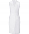 Luxurious, sleeveless dress in fine white cotton-silk blend - Elegant and sophisticated with a feminine case cut, V-neckline - Decorative waist darts flatter the figure - Pencil skirt length with front slit - A modern choice for the office or an event when combined with peep toes or pumps, or for a garden party with trendy sandals with wedge heels