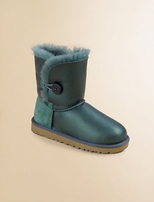 A striking pair of cold weather must-haves with loop-and-button side closure and sheepskin lining for ultra-cozy, statement-making style.Logo loop-and-button closureSheepskin upper with raw edge Sheepskin liningMolded EVA solePadded insoleImported A striking pair of cold weather must-haves with loop-and-button side closure and sheepskin lining for ultra-cozy, statement-making style.Logo loop-and-button closureSheepskin upper with raw edge Sheepskin liningMolded EVA solePadded insoleImported