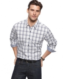 With cool contrast cuffs, this shirt from Tasso Elba sets itself apart from the plaid lineup. With cool contrast cuffs, this shirt from Tasso Elba sets itself apart from the plaid lineup.