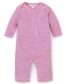 The perfect striped shortall crafted in soft cotton and accented with vented shoulders and a front kangaroo pocket. The perfect striped shortall crafted in soft cotton and accented with vented shoulders and a front kangaroo pocket.