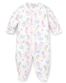 A cute, cozy style from Kissy Kissy, this animal print long sleeve footie is accented with contrast ruffle trim along the placket and leg. A cute, cozy style from Kissy Kissy, this animal print long sleeve footie is accented with contrast ruffle trim along the placket and leg.
