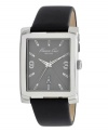 Classic design and cosmopolitan appeal blend perfectly on this watch by Kenneth Cole New York. Black leather strap and rectangular stainless steel case. Gray sunray dial features applied stick indices, numerals at three and nine o'clock, date window at six o'clock, three hands and logo. Quartz movement. Water resistant to 30 meters. Limited lifetime warranty.