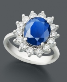 Add a regal element to your style. This sophisticated ring by Effy Collection features a vibrant, oval-cut sapphire (4-1/3 ct. t.w.) surrounded by a halo of sparkling, round-cut diamond (1 ct. t.w.). Crafted in 14k white gold. Add a regal element to your style. This sophisticated ring by Effy Collection features a vibrant, oval-cut sapphire (4-1/3 ct. t.w.) surrounded by a halo of sparkling, round-cut diamond (1 ct. t.w.). Crafted in 14k white gold.