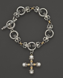 An etched sterling silver and 18K yellow gold link bracelet embellished with a pearl-accented cross. By Konstantino. An etched sterling silver and 18K yellow gold link bracelet embellished with a pearl-accented cross. By Konstantino.