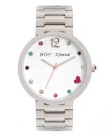 Daydream of rainbows and hearts with this cute Betsey Johnson watch. Polished stainless steel bracelet and round case. White dial features silver tone numeral at twelve o'clock, multicolored crystal markers, pink heart at four o'clock, silver tone hour and minute hands, pink second hand and logo. Quartz movement. Water resistant to 30 meters. Two-year limited warranty. Available exclusively at Macy's! Daydream of rainbows and hearts with this cute Betsey Johnson watch. Polished stainless steel bracelet and round case. White dial features silver tone numeral at twelve o'clock, multicolored crystal markers, pink heart at four o'clock, silver tone hour and minute hands, pink second hand and logo. Quartz movement. Water resistant to 30 meters. Two-year limited warranty. Available exclusively at Macy's!