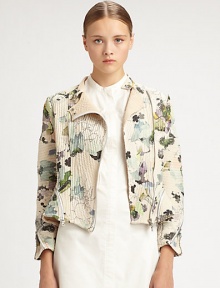 Contrasting floral print and a corded texture invigorate this timeless silk-rich motorcycle jacket. MockneckSnap closuresAsymmetrical front zipperThree-quarter sleevesBias zip cuffsZippered back ventAbout 20 from shoulder to hemBody: SilkTrim: PolyesterDry cleanImportedSIZE & FITModel shown is 5'10 (177cm) wearing US size 4. Contrasting floral print and a corded texture invigorate this timeless silk-rich motorcycle jacket. MockneckSnap closuresAsymmetrical front zipperThree-quarter sleevesBias zip cuffsZippered back ventAbout 20 from shoulder to hemBody: SilkTrim: PolyesterDry cleanImportedSIZE & FITModel shown is 5'10 (177cm) wearing US size 4.