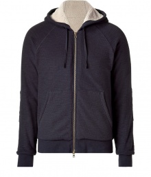 Casual hooded jacket in navy cotton - Classic hoodie cut, slim, athletic, with long sleeves, two-way zipper and slanted kangaroo pockets - Rib knit cuffs on the sleeves and hem - A favorite basic for leisure, sports, clubs - A great all-arounder, suitable for all casual looks, whether with sport pants, jeans or chinos