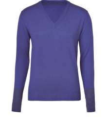 Update your fall/winter basics with a casual pullover that is as luxurious as it is versatile - Crafted in a wonderfully soft, violet-colored wool and cotton blend, with olive-colored patch accents at shoulders and sleeve cuffs - Features a narrow-waisted cut with V-neckline and long, slim sleeves - Wear for work or play with jeans, chinos or business pants - Great as a layering piece or worn solo