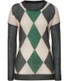 Add easy elegance into your workweek look with this argyle pullover from Theory - Round neck, long raglan sleeves, front argyle print, contrasting neckline, sleeves, and hem - Wear with skinny jeans, cropped trousers, or a pencil skirt