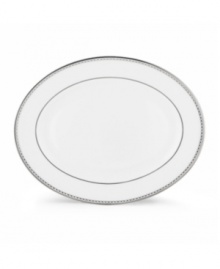 Combining elements both modern and vintage, the understated Pearl Platinum collection is designed to mimic a strand of lustrous pearls. With imitation pearl accents and platinum rims on fine bone china. Qualifies for Rebate Combining elements both modern and vintage, the understated Pearl Platinum collection is designed to mimic a strand of lustrous pearls. With imitation pearl accents and platinum rims on fine bone china. Qualifies for Rebate