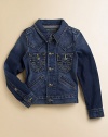 Authentic Western styled jean jacket, updated with contrast stitching and vintage nickel-finished rivets. Shirt collarLong sleevesButton frontFlap pocketsSlash pocketsAdjustable waistCottonMachine washImported of American fabric Please note: Number of buttons may vary depending on size ordered. 