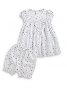 THE LOOKAllover charming rose printCap-sleeve dress with smocked front and contrast picot trimEmpire waistBack snapsRose print pants with elastic waist and ruffle cuffsTHE MATERIALPima cottonCARE & ORIGINMachine washImported THE LOOKAllover charming rose printCap-sleeve dress with smocked front and contrast picot trimEmpire waistBack snapsRose print pants with elastic waist and ruffle cuffsTHE MATERIALPima cottonCARE & ORIGINMachine washImported