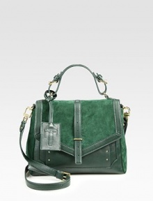 Luxuriously soft suede accented with buttery smooth leather in a chic satchel design with a versatile detachable strap.Adjustable leather top handle, 4-4½ dropDetachable adjustable leather shoulder strap, 21½-24½ dropSlide strap flap closureProtective metal feetOne outside zip pocketOne zip pocket under flapOne inside zip pocketTwo inside open pocketsOne detachable mirrorCanvas lining10½W X 9½H X 4¼DImported Luxuriously soft suede accented with buttery smooth leather in a chic satchel design with a versatile detachable strap.Adjustable leather top handle, 4-4½ dropDetachable adjustable leather shoulder strap, 21½-24½ dropSlide strap flap closureProtective metal feetOne outside zip pocketOne zip pocket under flapOne inside zip pocketTwo inside open pocketsOne detachable mirrorCanvas lining10½W X 9½H X 4¼DImported