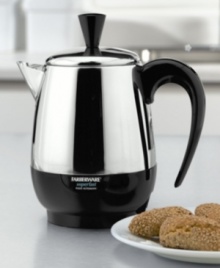 A more elegant alternative to standard coffee makers, this stainless steel percolator from Farberware has a sleek, pitcher shape. At a brewing rate of one cup per minute, this coffee pot sacrifices nothing in terms of speed for beauty. And once it has finished brewing, it will automatically switch to a safe keep warm temperature. Makes 2-4 cups. Comes with 1-year limited warranty. Model #FCP240. A more elegant alternative to standard coffee makers, this stainless steel percolator from Farberware has a sleek, pitcher shape. At a brewing rate of one cup per minute, this coffee pot sacrifices nothing in terms of speed for beauty. And once it has finished brewing, it will automatically switch to a safe keep warm temperature. Makes 2-4 cups. Comes with 1-year limited warranty. Model #FCP240.