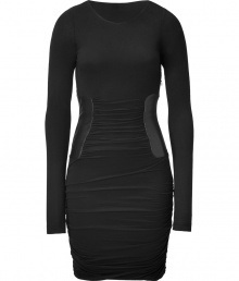 The Little Black Dress gets a kick of urban cool in Faith Connexions black leather detailed stretch silhouette, both flattering and edgy and incredibly easy to wear - Rounded neckline, long sleeves, ruched sides, hidden side zip, form-fitting - Style with ankle boots and blazers for business to cocktails chic