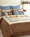 In bloom. Embroidered flowers swirl across this Fleuretta comforter set in a soft palette of brown, yellow and blue. Shams and decorative pillows feature ornate tassel accents. Comes complete with everything your need to transform your space into an elegant garden hideaway.