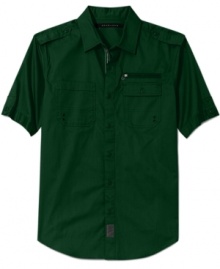 A short-sleeved utility shirt with the full-on complement of pockets, epaulets, zippers, buttons, and grommets in full-on Sean John style.