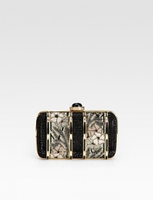 A hand-crafted crystal encrusted design with floral panels that is a true work of art.Detachable chain shoulder strap, 9 dropPush-lock closureMetallic leather lining6W X 4H X 1½DMade in Italy A hand-crafted crystal encrusted design with floral panels that is a true work of art.Detachable chain shoulder strap, 9 dropPush-lock closureMetallic leather lining6W X 4H X 1½DMade in Italy