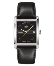 Make a stark statement with this handsome Lacoste watch. Black leather strap and rectangular stainless steel case. Black dial with silvertone stick indices, date window and logo. Quartz movement. Water resistant to 30 meters. Two-year limited warranty.