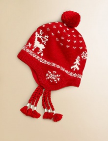 A festive reindeer design and braided tassels make this soft cotton-wool knit an essential piece for the cold winter days.Pom-pom accents the crownEarflaps with braided tasselsPartial fleece liningCotton/WoolHand washImported