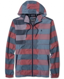 Beat the cold while looking cool in this boldly striped Volcom hooded jacket. Beat the cold while looking cool in this boldly striped Volcom hooded jacket.