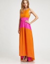 Vibrant, colorblocked silk in a full-skirted maxi silhouette styled with a revealing open back.Jewel necklineSleevelessTop-fit bodiceGathered skirtOpen backAbout 52 from shoulder to hemSilkDry cleanImportedModel shown is 5'9 (175cm) wearing US size 4.