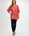 EXCLUSIVELY AT SAKS.COM Delicate floral embroidery turns a simple, t-shirt soft knit tunic into a striking fashion statement.Band neckline with notched VElbow-length, wide, draped raglan sleevesD-ring belt with zigzag embroideryPullover stylingRolled hemAbout 33 from shoulder to hemCottonImportedMachine wash