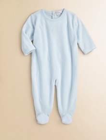 A charming one-piece, crafted in lush velour, with moon and star embroidery and scalloped trim for sweet baby style.CrewneckLong sleevesBack snapsDrop seat with snaps80% cotton/20% polyesterMachine washImported Please note: Number of snaps may vary depending on size ordered. A charming one-piece, crafted in lush velour, with moon and star embroidery and scalloped trim for sweet baby style.CrewneckLong sleevesBack snapsDrop seat with snaps80% cotton/20% polyesterMachine washImported Please note: Number of snaps may vary depending on size ordered.