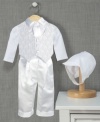 He'll be dressed to impress on his special day in this handsome shirt, vest and pant 3-piece satin christening set from Lauren Madison.