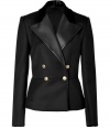 Detailed with a silky black fur collar and sleek leather peaked lapel, Salvatore Ferragamos wool jacket lends a sharp finish to any outfit - Peaked lapel, long sleeves, buttoned cuffs, double-breasted button closures, gold-toned logo buttons - Slightly shorter, tailored fit - Wear over everything from tailored trousers to cocktail dresses