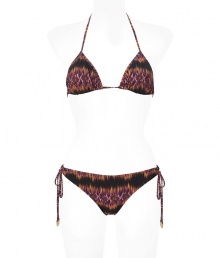 Stylish bikini made ..of fine, multicolored patterned synthetic stretch - Glamorous print in shades of purple, brown and black - Classic triangle halter style is adjustable at back and neck - Narrow bottoms features adjustable side ties - A must-have on your next tropical vacation, or simply on your own pool deck Stylish bikini made ..of fine, multicolored patterned synthetic stretch - Glamorous print in shades of purple, brown and black - Classic triangle halter style is adjustable at back and neck - Narrow bottoms features adjustable side ties - A must-have on your next tropical vacation, or simply on your own pool deck