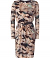 Super luxe Champagne draped dress with leather trim - This sultry printed dress is guaranteed to make an impact - Flattering front drape with leather waistband detail - Pair with opaque tights and sky-high platforms for cocktail party chic - Style with sheer stockings and ankle boots