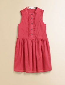 Light and lovely, this simple cotton frock has delicate tuxedo pleating at the placket and a softly pleated skirt.Band neckline with inside check trimSleevelessButton placket with tuxedo pleatsSewn waist with soft pleatingBack yokeCottonMachine washImported Please note: Number of buttons may vary depending on size ordered. Light and lovely, this simple cotton frock has delicate tuxedo pleating at the placket and a softly pleated skirt.Band neckline with inside check trimSleevelessButton placket with tuxedo pleatsSewn waist with soft pleatingBack yokeCottonMachine washImported Please note: Number of buttons may vary depending on size ordered.