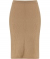 An elegant, allover knit pattern lends this caramel wool Alberta Ferretti skirt its ladylike-with-a-twist chic - Pull-on style, with flattering decorative seam detail - Sophisticated and feminine, easily transitions from the office to cocktails or dinner - Medium-rise, curve-hugging pencil cut - Pair with a blazer and blouse, a leather jacket and silk top or a cashmere pullover