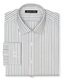 Finely-detailed stripes in new-season grey and green distinguish this dapper Michael Kors dress shirt. Finely-detailed stripes in new-season grey and green distinguish this dapper Michael Kors dress shirt.