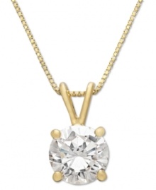 Solitaire sparkle adds an element of timeless sophistication. Necklace by B. Brilliant features a single round-cut sparkling cubic zirconia (1 ct. t.w.) in a four prong 18k gold and sterling silver setting. Approximate length: 17 inches. Approximate drop: 1/2 inch. Solitaire sparkle adds an element of timeless sophistication. Necklace by B. Brilliant features a single round-cut sparkling cubic zirconia (1 ct. t.w.) in a four prong 18k gold and sterling silver setting. Approximate length: 17 inches. Approximate drop: 1/2 inch.