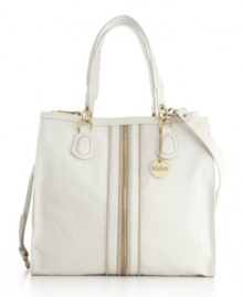 A statement-making satchel is essential for every girl's handbag collection. Get this season's hautest look with this zipper-detailed design by R&Em featuring goldtone hardware, an optional crossbody strap and a dangling signature charm. A statement-making satchel is essential for every girl's handbag collection. Get this season's hautest look with this zipper-detailed design by R&Em featuring goldtone hardware, an optional crossbody strap and a dangling signature charm.