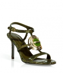 Bring bold style to your warm weather look with these ultra-luxe bejeweled sandals from Sergio Rossi - T-Strap with jeweled brooch, ankle strap with buckle closure, snake-embossed leather, stiletto heel - Style with a figure-hugging cocktail dress or cropped trousers and a silk blouse