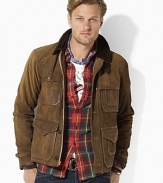 A pop of corduroy at the collar gives a luxe, modern look to a rugged thicket jacket in soft, sueded Italian leather.