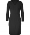 Add instant style to your office-ready style with this figure-hugging sheath from Theory - V-neck, long sleeves, fitted silhouette, back slit, concealed back zip closure - Style with classic pumps and a statement satchel