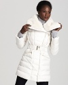 Redefine opulent chic in this Dawn Levy down coat, boasting rich fur lining and a forward asymmetric zipper on a feminine belted silhouette.