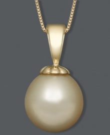 A single drop of polish. This elegant pendant features a golden cultured South Sea pearl (10-11 mm) suspended from a delicate 14k gold setting and chain. Approximate length: 18 inches. Approximate drop: 3/4 inch. A single drop of polish. This elegant pendant features a golden cultured South Sea pearl (10-11 mm) suspended from a delicate 14k gold setting and chain. Approximate length: 18 inches. Approximate drop: 3/4 inch.