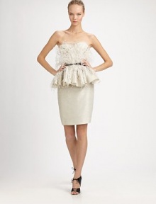 Dramatic and sculptural, rendered in a cotton/silk blend and accented with a feathered, ruffled peplum.Strapless sweetheart necklineLace trimAttached feathersSlender bow beltRuffled peplumBack ventConcealed back zipSilk liningAbout 23 from natural waist73% cotton/27% silkDry cleanMade in USA of imported fabricModel shown is 5'11 (180cm) wearing US size 4. Dramatic and sculptural, rendered in a cotton/silk blend and accented with a feathered, ruffled peplum.Strapless sweetheart necklineLace trimAttached feathersSlender bow beltRuffled peplumBack ventConcealed back zipSilk liningAbout 23 from natural waist73% cotton/27% silkDry cleanMade in USA of imported fabricModel shown is 5'11 (180cm) wearing US size 4.