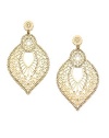 THE LOOKInverted teardrop silhouetteWhite crystal stone accentsFiligree designGoldplated brass settingPost backTHE MEASUREMENTWidth, about 2Length, about 3ORIGINImported