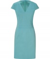 Elegant dress in fine, blue-green cotton blend - Especially comfortable and flattering, thanks to a touch of stretch - Slim-fitting sheath style, with darts at bust, deep v-neck and cap sleeves - Decorative pleat detail defines a trim waist - Pencil skirt hits above the knee - Zips at back - Sleek and streamlined, in a sophisticated summer hue - Pair with peep toe pumps, leather sandals or wedges