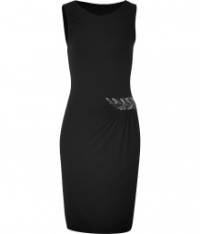 Inject classic sophistication into your cocktail-ready style with this sleek embellished sheath dress from Etro - Round neck, short sleeves with gathering, asymmetrical bead embellishment at waist with draping, figure-hugging silhouette - Wear with statement sandals and an embellished clutch