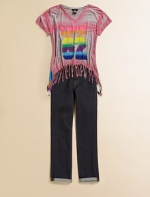 She'll be groovy in this lightweight knit in a colorful tie dye print with a spray-painted look Love graphic for a funky, far appeal.V-neckShort sleevesPullover styleUneven fringe hemRayonHand washImported She'll be groovy in this lightweight knit in a colorful tie dye print with a spray-painted look Love graphic for a funky, far appeal.V-neckShort sleevesPullover styleUneven fringe hemRayonHand washImported